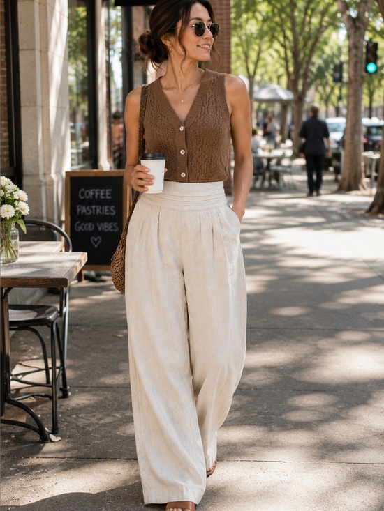 Pants - Custom Tailored Linen High Rise Wide Leg Pleated Trouser Pants